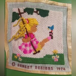 1974 Needlepoint Art Girl Swing Tree Bird authentic 70s grannycore craft project